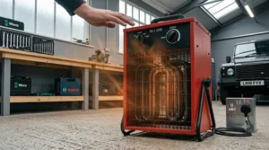 A detailed low-angle view of the stable base and non-slip feet of a 3kW industrial electric heater.
