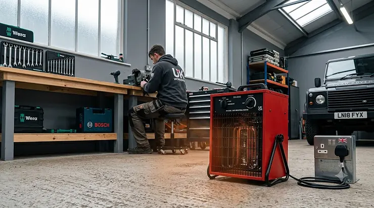 A professional 3kW industrial electric fan heater with a red chassis and UK plug in a clean workshop. industrial electric heater 3kw