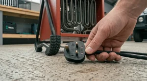 A hand firmly grips the black carrying handle on the top of a portable 3kW industrial electric fan heater.