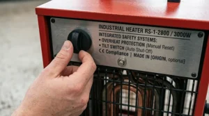 A detailed image of the safety features, including overheat protection and tilt switch, on a 3kW electric heater's panel.