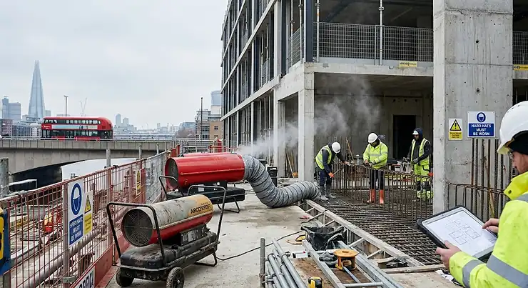 A powerful industrial heater operating safely on a UK construction site during winter. industrial heater for construction site