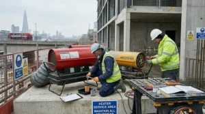 Routine maintenance checks for heavy-duty industrial heaters on building sites.