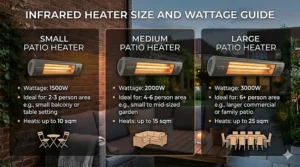 Icons highlighting key features of modern infrared patio heaters, including remote control, timers, and heat settings.