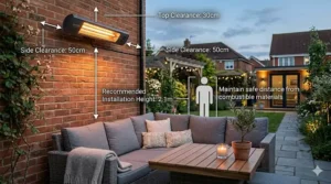 Diagram displaying the recommended safety distances for installing wall-mounted infrared heaters in outdoor spaces.