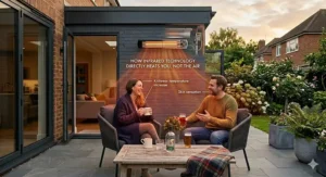Diagram showing how infrared wall-mounted patio heaters provide direct heat for outdoor dining.