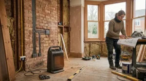 An infrared space heater effectively heating an open-plan area of a home under renovation.