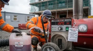 Technician setting up a professional diesel heater for reliable space heating on a new build development.