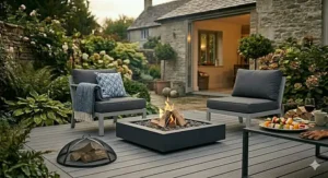 A sleek, low-profile fire bowl for garden decking, creating a minimalist outdoor focal point.