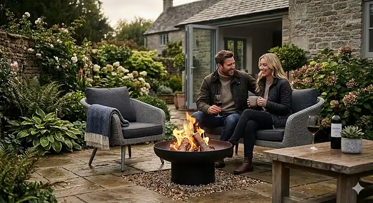 A luxury metal fire bowl for garden patio seating, creating a warm, inviting atmosphere for summer evenings. fire bowl for garden