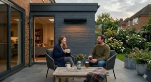 A contemporary black wall-mounted patio heater blending into a minimalist garden aesthetic.