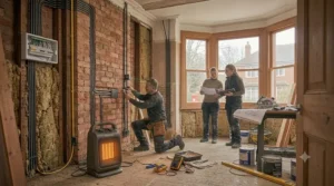 A sleek, modern space heater blending into a partially finished living area, providing essential warmth for homeowners.