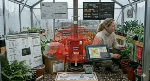 A highly detailed, realistic shot of a calibrated digital minimum-maximum thermometer showing optimal temperature ranges maintained by a paraffin heater inside a polytunnel.