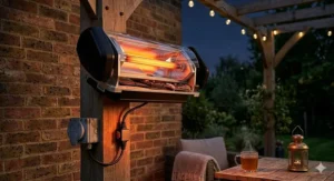 A wall-mounted electric patio heater glowing warmly on a brick pillar, effectively illuminating and heating a quiet garden patio area at twilight.