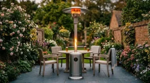 A stainless steel mushroom patio heater standing on a grey slate terrace surrounded by wooden garden chairs, a table with two pints of beer, and lush flower beds.
