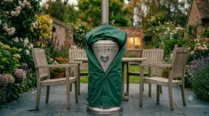 A stainless steel mushroom patio heater fitted with a zipped, heavy-duty green waterproof cover on a damp garden patio.