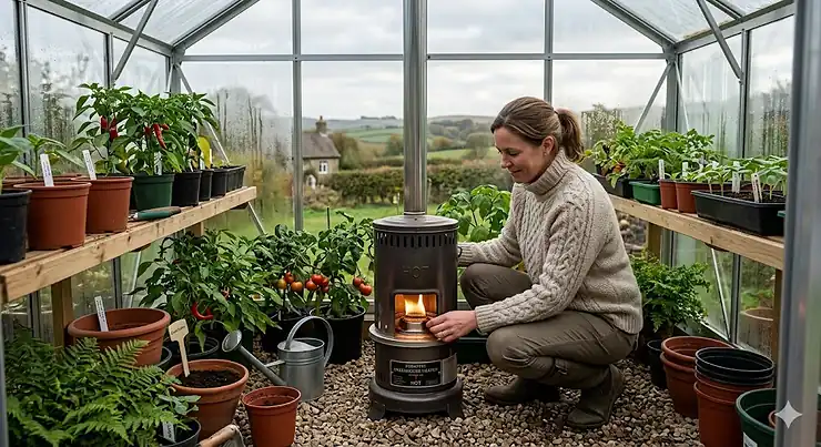 A reliable paraffin heater providing consistent warmth inside a UK glasshouse during winter to protect plants from frost. paraffin heater for greenhouse