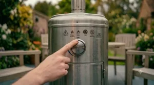 Close-up of a finger pressing the control knob of a patio heater, pointing to printed safety icons for piezo ignition, low, and high heat settings.