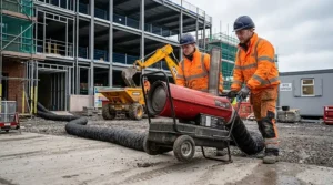 Heavy-duty portable diesel heater on wheels, positioned for maximum heat distribution on a construction site.