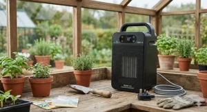 A compact portable electric greenhouse heater positioned on a potting bench, ideal for allotments