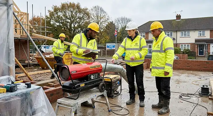 Industrial portable space heater providing warmth to workers on a UK construction site during winter. space heater for construction site