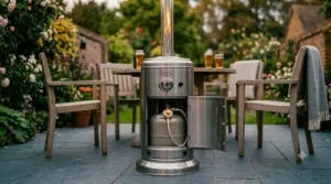 Close-up of the open base compartment of a metal patio heater, showing a green propane gas bottle connected to a regulator hose.