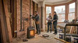 A ceramic space heater quickly warming up a cold, uninsulated space during house renovation works.
