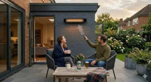 A sleek wall-mounted patio heater being operated by a remote control for temperature adjustment.