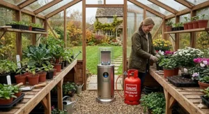 A gardener safely connecting a propane regulator to a heater, demonstrating correct ventilation spacing in a home greenhouse.