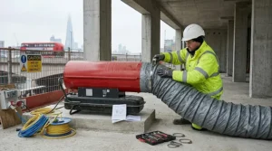 A technician setting up a portable industrial heater in a shell and core development.