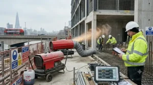Maintaining optimal temperatures with industrial heaters for concrete curing.