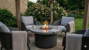 A compact square gas fire pit table perfect for a small patio or balcony space.