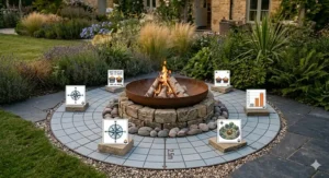 A weathering steel fire pit as the centrepiece of a circular patio, nestled within a lush garden setting.