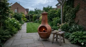 Traditional terracotta clay chimenea standing on a stone patio, adding a rustic aesthetic to a garden.