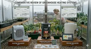 A high-resolution, photorealistic comparison photograph showing different sizes and styles of heaters, including paraffin, electric, and propane gas models, suitable for UK sheds and allotments.