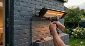 Close-up of an easy-to-install wall-mounted patio heater secured to a brick exterior wall.