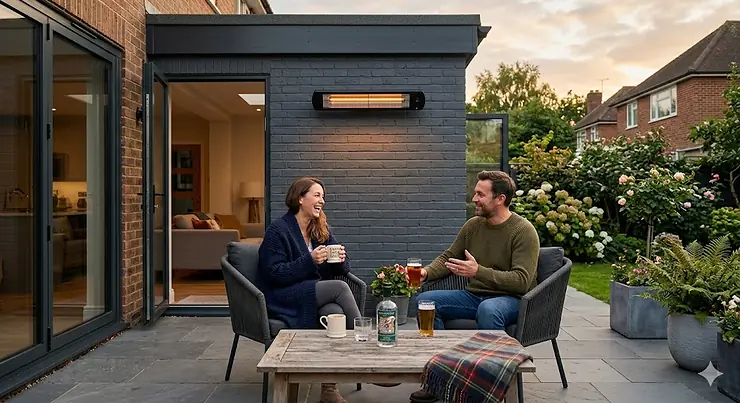 A stylish wall-mounted patio heater providing warmth to a modern British garden seating area in the evening. wall mounted patio heater