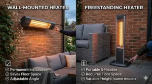 Side-by-side illustration comparing wall-mounted infrared heaters and portable freestanding models for British patios.