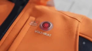 Diagram illustrating the carbon fibre heating zones and integrated wiring system across the back and chest of the heated safety jacket.