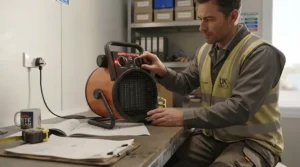 User adjusting the heat settings on an electric fan heater in an office.