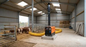 Indirect heater used to maintain stable, safe temperatures in an agricultural livestock shed.