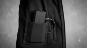 Close-up of the internal pocket showing the rechargeable battery pack connected to a trade heated gilet.