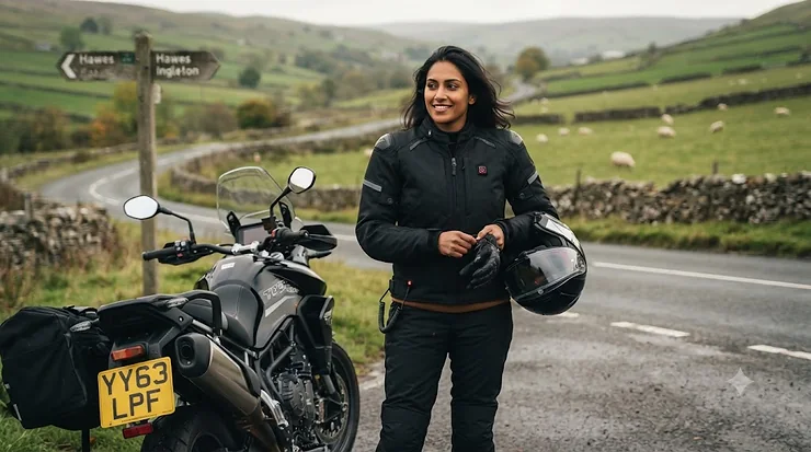 A rider wearing a black heated motorcycle jacket for cold weather riding on a British country road. heated motorcycle jacket