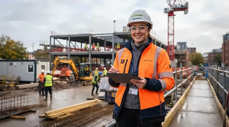 A civil engineer wearing a high-vis heated safety jacket on a UK construction site, reviewing plans on a tablet. heated safety jacket