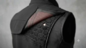 Cutaway view showing the insulating thermal lining and internal wiring of the trade heated gilet.