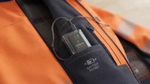 Close-up of the high-visibility prismatic reflective tape stitched onto the shoulder of the safety jacket.