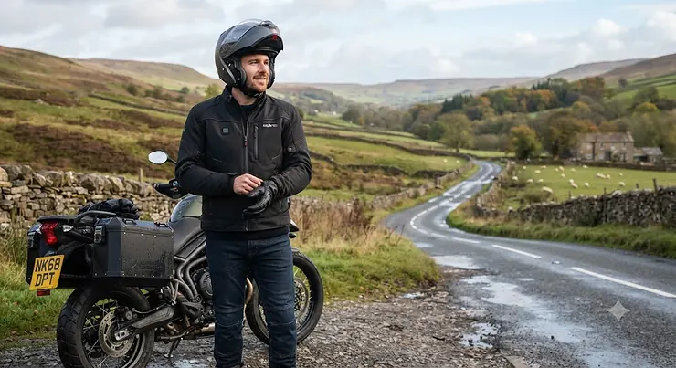 Rider wearing a budget heated motorcycle jacket on a wet British country road, staying warm during winter commuting. budget heated motorcycle jacket