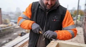 A builder working comfortably in sub-zero temperatures while wearing heated work gear.
