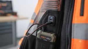 Illustration of a power bank charging via the integrated USB port in a hi-vis heated jacket.