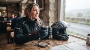 Motorcyclist enjoying a warm drink during a winter ride with heated gloves