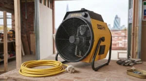 Compact industrial fan heater placed safely on a wooden board in a workshop area.